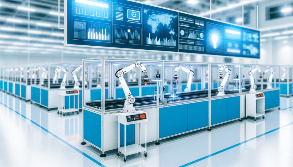 Smart manufacturing automation facility showing automated production lines and digital monitoring systems for operational efficiency